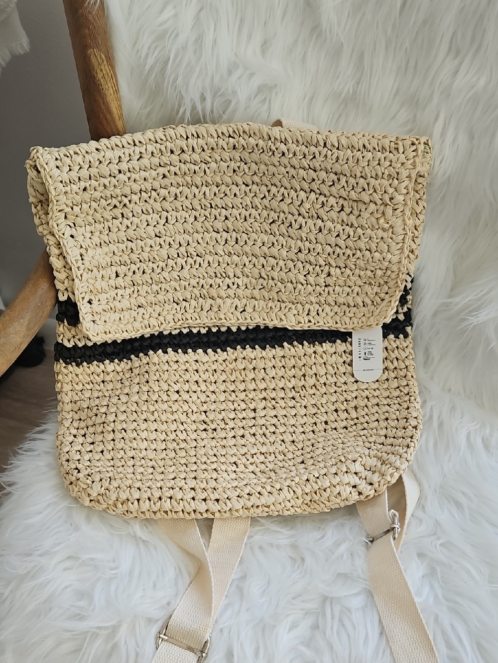 8 Other Reasons Stylish Woven Straw Backpack - Natural Beige w Black